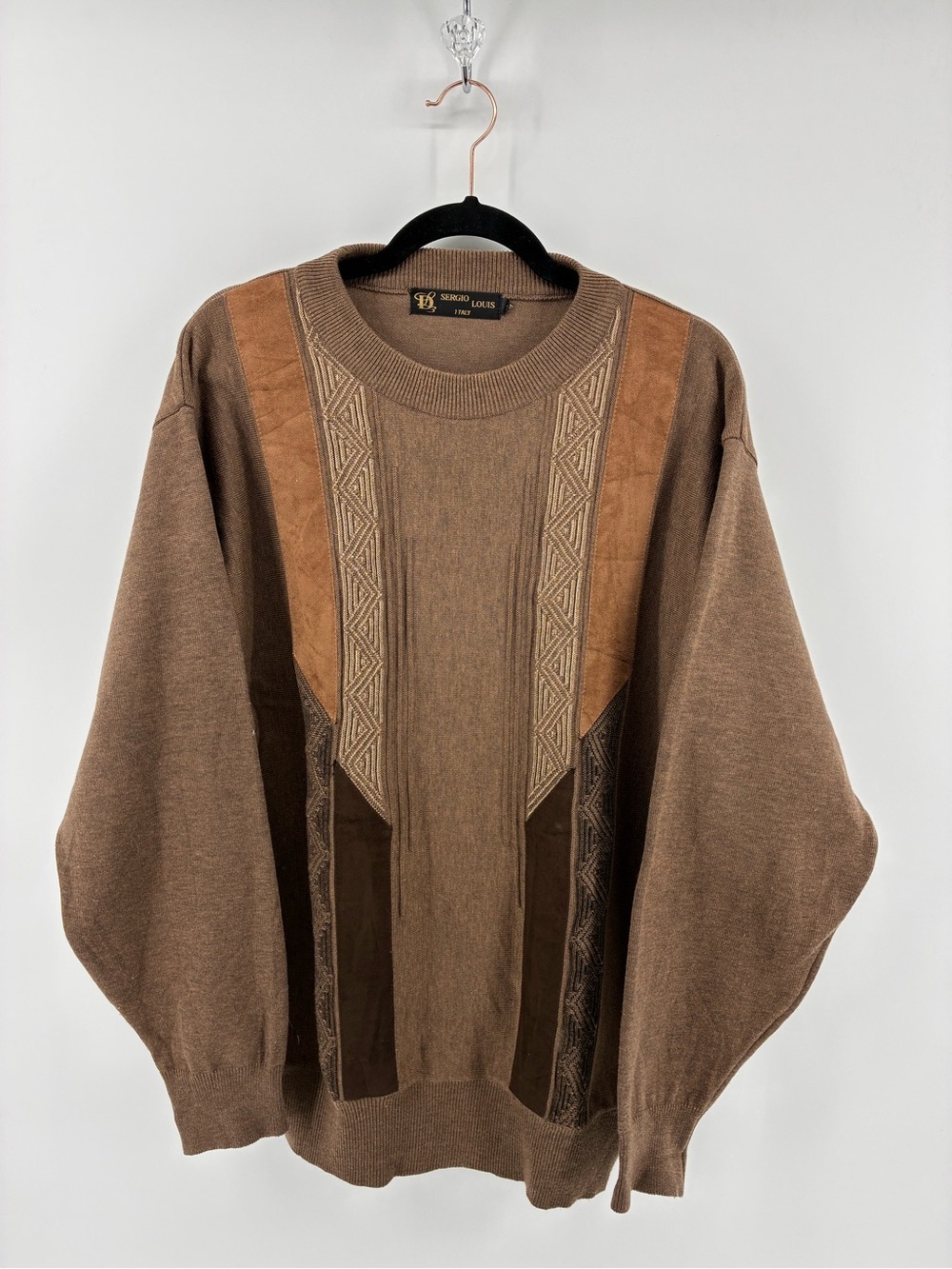 Sergio Louis Italy Wool Blend Men's Brown Sweater with Geometric Patterns